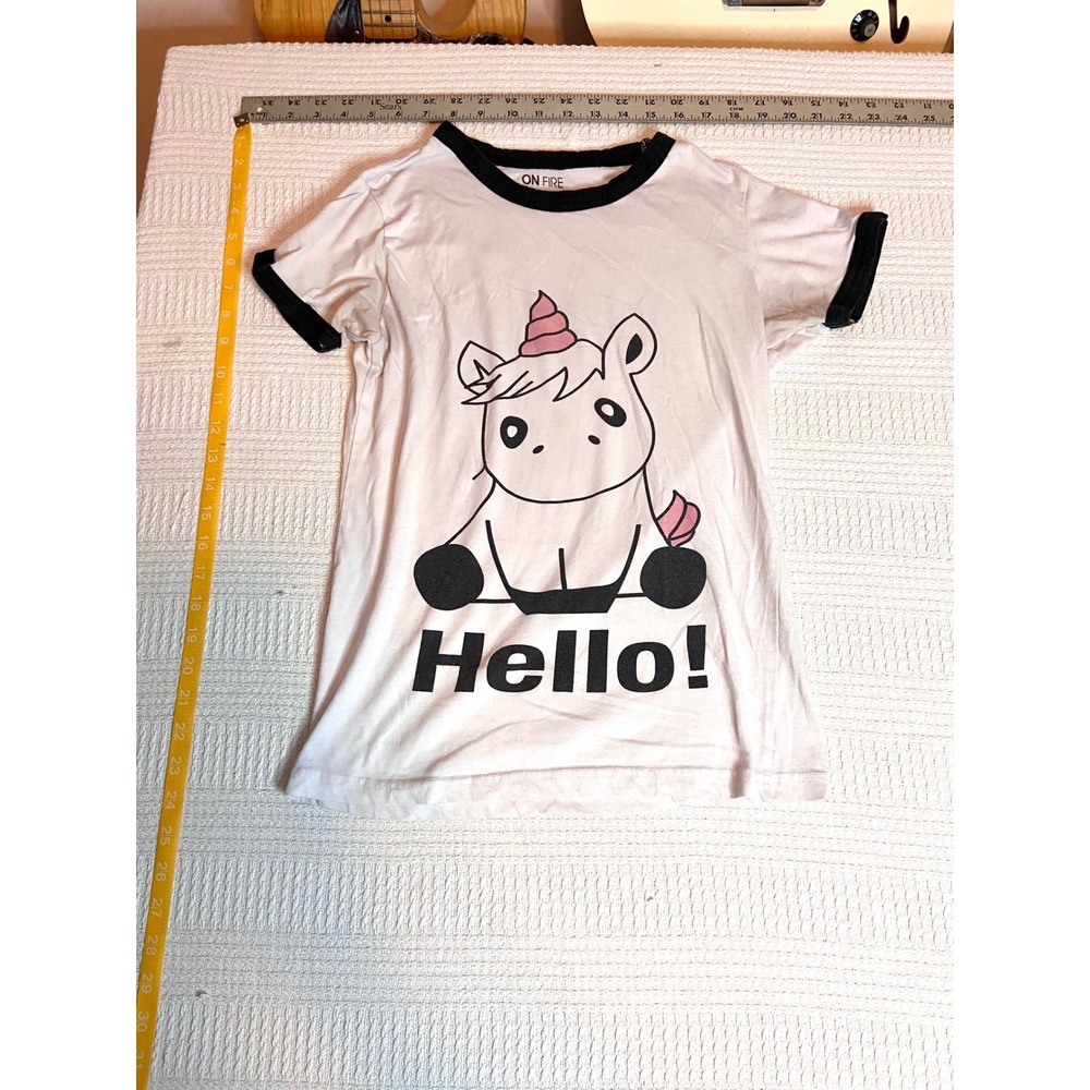 On Fire Unicorn Hello Goodbye Graphic Ringer Tee White Black Mens Medium